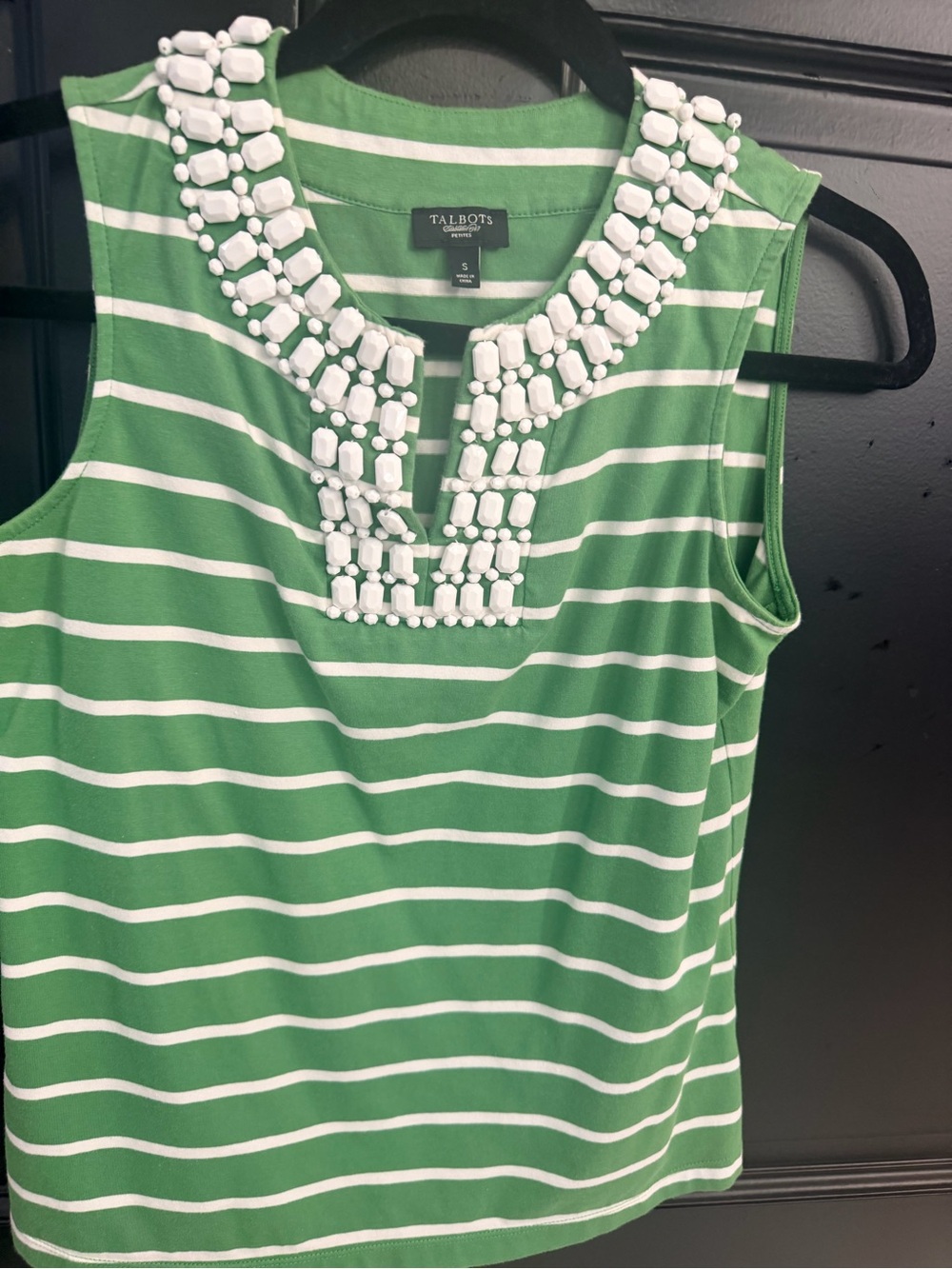 Talbots Green & White Striped Sleeveless Beaded Neckline Top